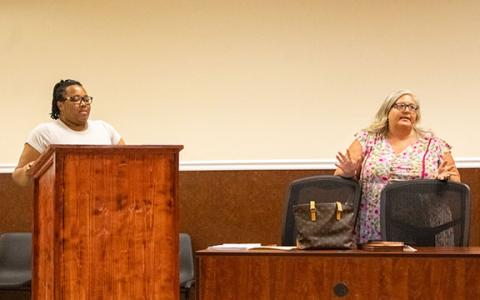 Baldwin City Manager Tiera Morrison (left) and Finance Director Angela Adams answer council’s questions regarding the city’s first Fiscal Year 2027 budget draft. (Hannah Caudell/Staff)