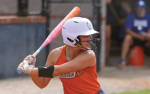 Habersham Central rising senior Kayla Stevens prepares to hit the ball during the scrimmage between Banks County and Habersham Central at Raider Field on Tuesday, July 21. (Landen Todd/Staff)