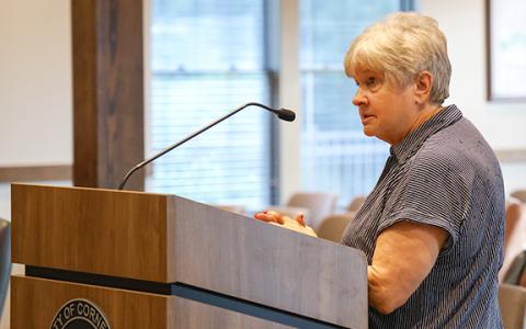 Cornelia resident Evelyn McClain asks Cornelia City Commissioners to keep questioning the county's tax assessment board for answers on why the city saw such a steep reduction in assessment values. (Hannah Caudell/Staff)
