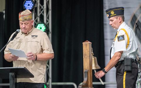 Bill Miles, who is now Grant-Reeves VFW Commander, and American Legion Post 84 Commander Jim Morgan perform a bell tolling ceremony for each time a plane hit the United States on 9/11 during last year’s ceremony. (File)