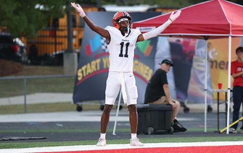 Habersham Central senior wide receiver Jay Feltus celebrates at Red Devil Stadium tonight. (Landen Todd/Staff)