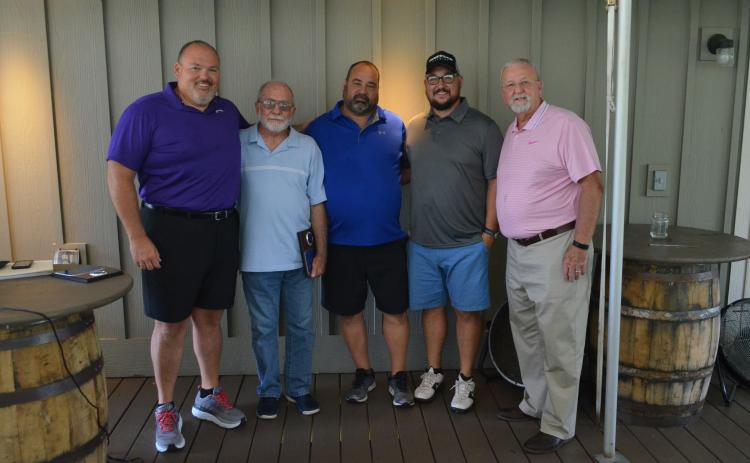 Shown, from left, are 2019 Habersham County Football Ring of Honor inductees Stacy Ivester, Dexter Pratchard, Joel Patrum, Brandon Patrum and Arnold Meeks at The Orchard Golf and Country Club in Clarkesville Tuesday.