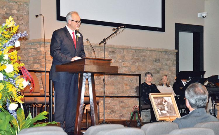 The Rev. Kenneth McEntire speaks about the loss of his mentor, the Rev. Furman Brown Lewis, at a memorial service Saturday at Bethlehem Baptist Church in Clarkesville. Lewis passed away Christmas Eve at the age of 90.