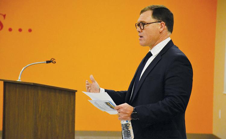 Habersham County Chairman Stacy Hall speaks at the opening of the new senior center last summer. Hall announced Friday he will not serve on the county commission beyond his current term.