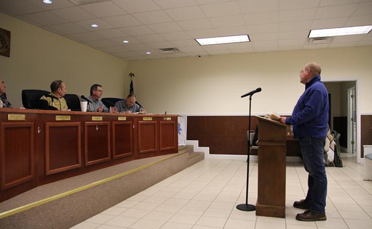 Baldwin resident Erik Keith speaks to the Baldwin City Council on Monday.