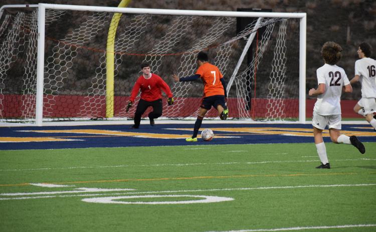 Habersham Central's Alexis Laguna scores a goal against Dawson County Friday.