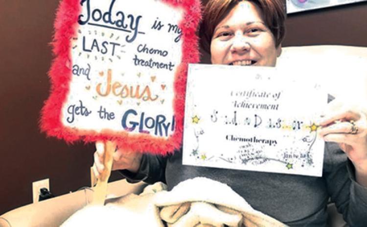 Sandi Densmore of Clarkesville celebrates her final chemotherapy treatment in January 2019.