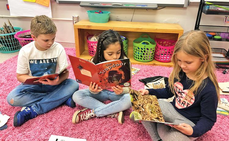 Woodville Elementary School second graders (from left) Jake Gabrels, Leah Elias-Lopez and Emma Gunn enjoy the books provided by the Fountas and Pinnell guided reading program to Habersham County schools.