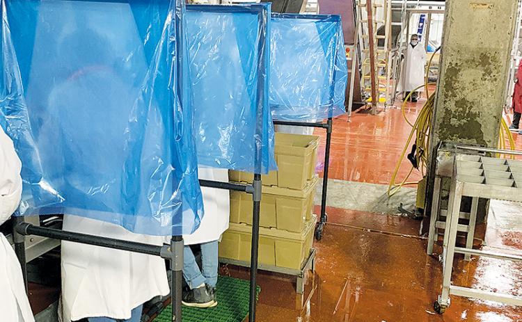 Separation stands have been placed between workers at the Fieldale Cornelia processing plant.