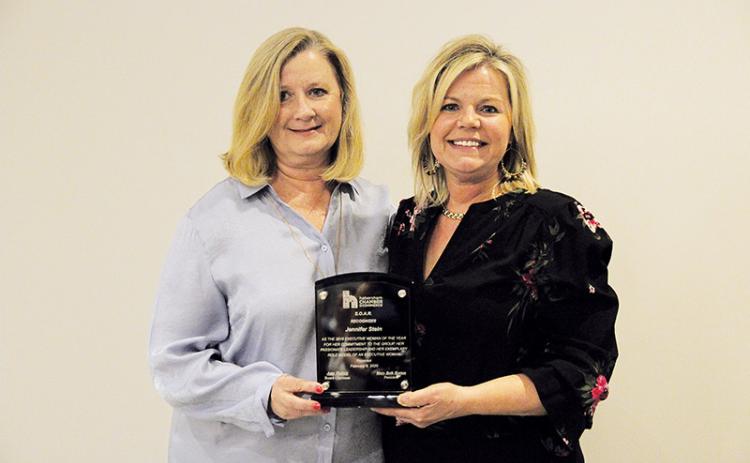 Jennifer Stein (right), Executive Director of the Family Resource Center of Northeast Georgia was recognized as the executive woman of the year by Habersham Chamber of Commerce’s SOAR (Strong, Objective , Active and Respective) professional women’s group. Brenda Speed presented the award to Stein at the Chamber’s annual awards celebration in February.