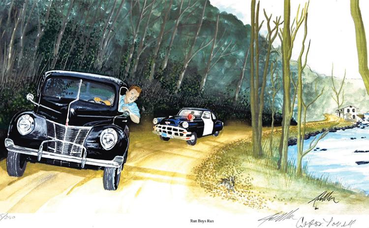 “Run Boys Run,” a painting by Clarkesville artist Julius Miller, shows a young 20-year-old Lovell on a moonshine run down state Route 197. Once a dirt road, state Route 197 was a main vein for the transportation of moonshine.