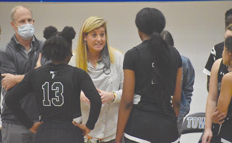 Tallulah Falls girls basketball coach Brandy Corbett instructs her players during a road game at Towns County Dec. 3.