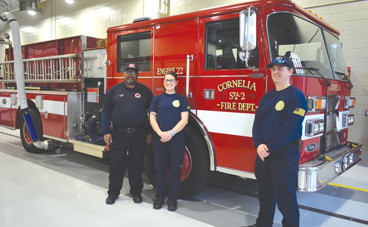 Cornelia Fire Chief Billy Jenkins stands inside the new fire station on the south end of the city along with firefighters Angela Martin and Christopher Bruce.