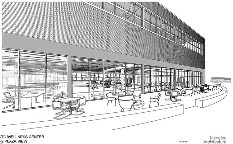 Shown is a concept of the plaza view for North Georgia Technical College’s proposed wellness center.