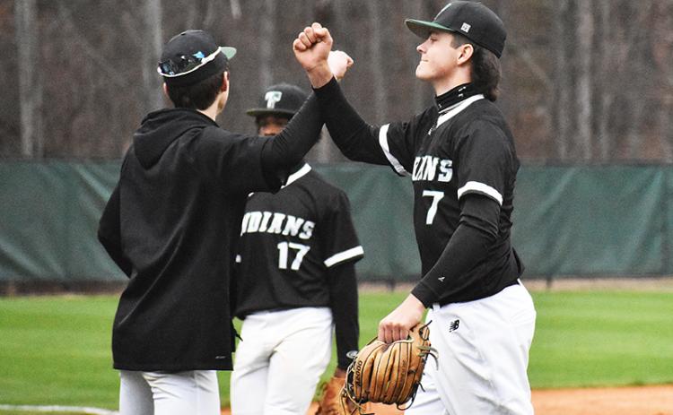 TFS starting pitcher Aubrey Higgins celebrates during his complete game against Bethlehem Christian Academy on Tuesday. CODY ROGERS/Staff