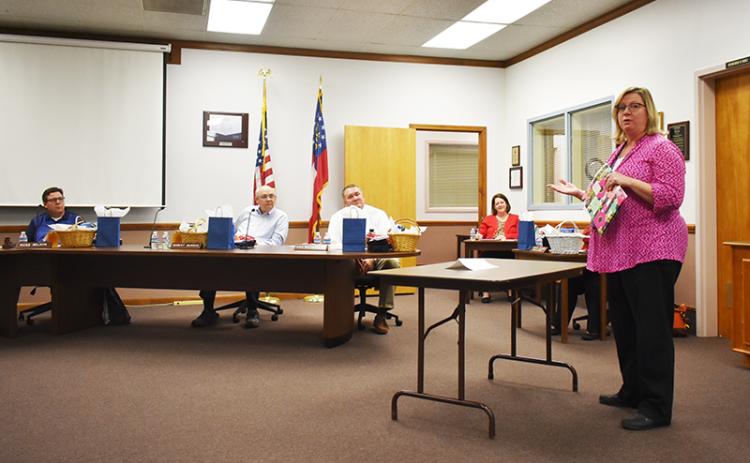 Crystal Holcomb, Director of Nursing at Habersham County Schools, addresses the Habersham County Board of Education on Monday about the COVID-19 vaccines that will be open to all school staff starting Thursday.
