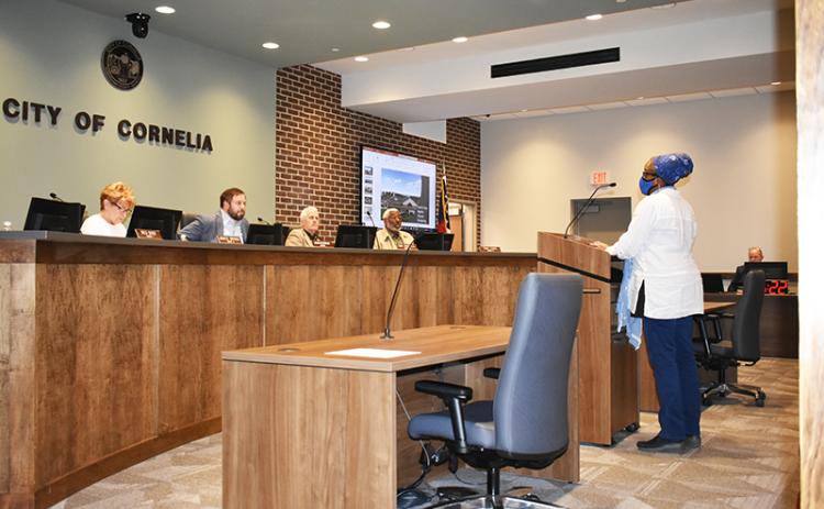 Audrey Davenport speaks to the Cornelia City Commission on Tuesday night.