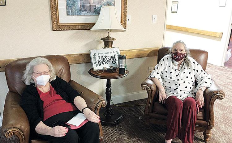 The Oaks-Scenic View Assisted Living in Baldwin was one of 44 assisted living facilities in Georgia to receive Pinnacle Quality Insight’s Customer Experience Award in 2020 recognizing it for exemplary customer service in a variety of areas. Here, residents Nancy Mangum (left) and Karen Craven relax in one of the sitting areas around the facility.