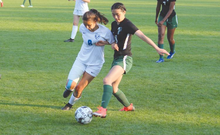 TFS’ Grace Kim (right) battles an AIS defender for the ball during the opening round of the state tournament. ISAIAH SMITH/Staff