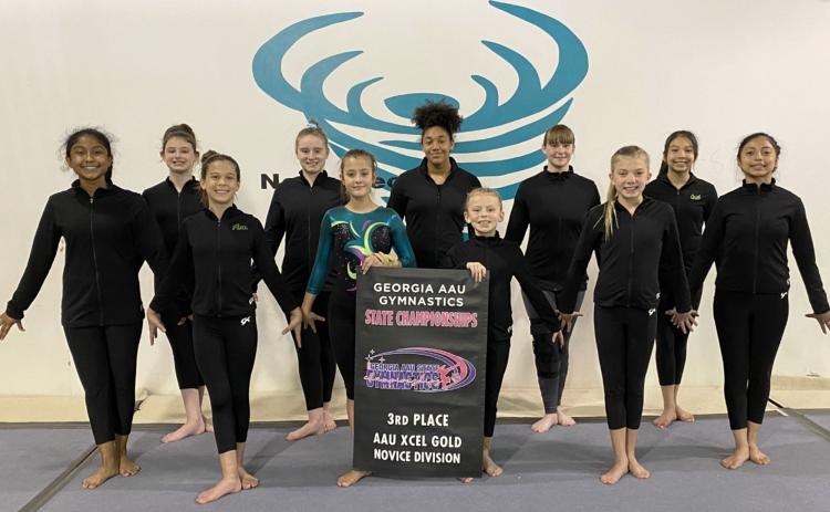 Members of the team that competed in the Gold Novice Division were (front) Alex Capraro, Zoe Carroll, Payson Holcomb, Brynn Washington, (back) Aileen Valasques, Callie Hiner, Isabel Rockwell, Emma Green, Crystal Delugach, Ariel Sisavath, Maylin Fernandez and Azurah Sullivan (not pictured). Carroll, Hiner, Green and Velasquez were also individual state champions. KEVIN ROBINS/Submitted