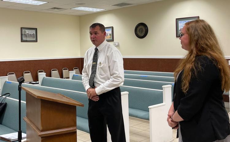 Temporary Baldwin Police Chief Jerry Saulters was introduced to city council members by Baldwin City Clerk Emily Woodmaster on Monday night. BRIAN WELLMEIER/Staff