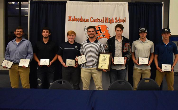 The Raider baseball team’s varsity award winners were (from left) Logan Hare (MVP, Permanent Team Captain), Azzi Cervantes (Offensive Player of the Year), Austin Jones (Pitcher of the Year), Hadden Carswell (Coca-Cola Academic Award, inaugural Hadden Carswell Perseverance Award), Nolan Ross (Zach Brown Award for Commitment, Dedication and Service), Trevor Stevens (Defensive Player of the Year) and Kaleb Chastain (Most Improved Player). ISAIAH SMITH/Staff