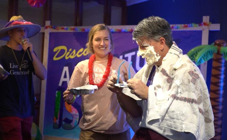 Rev. Keith Cox gets a pie in the face from Director of Children’s Ministry Courtney Young at a Clarkesville First United Methodist Church event. CLARKESVILLE FIRST UNITED METHODIST CHURCH/Submitted