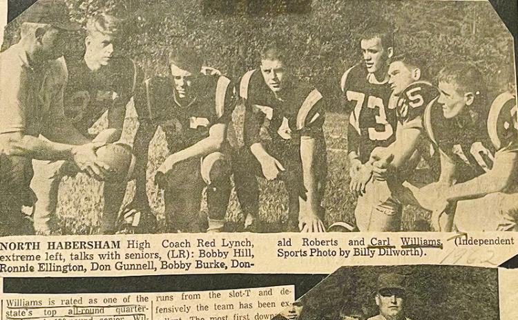 Howard Williams kept this photo from the Atlanta-Journal Constitution in his scrapbook of North Habersham coach Red Lynch talks with seniors (from left) Bobby Hill, Ronnie Ellington, Don Gunnel, Bobby Burke, Donald Roberts and Carl Williams.