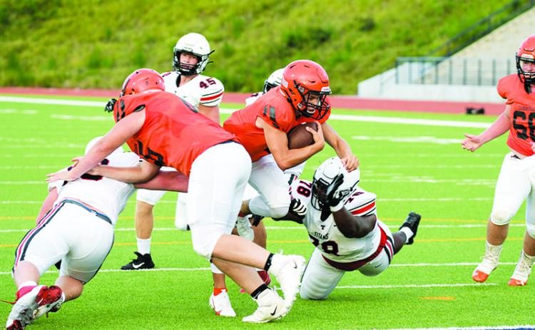 Habersham Central’s Carson Parker dives in for the Raiders’ only touchdown during Friday’s scrimmage. TOM ASKEW/Special