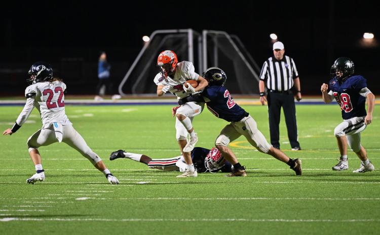 Habersham Central’s Caleb Wade breaks multiple tackles on a great run, which put the East Division in scoring position during the final moments of the FCA East-West All-Star Game on Dec. 17 at Raider Stadium in Mt. Airy. Wade also will participate in the Georgia-Florida All-Star Classic Dec. 29 at Denmark High School. ZACHARY TAYLOR/Special