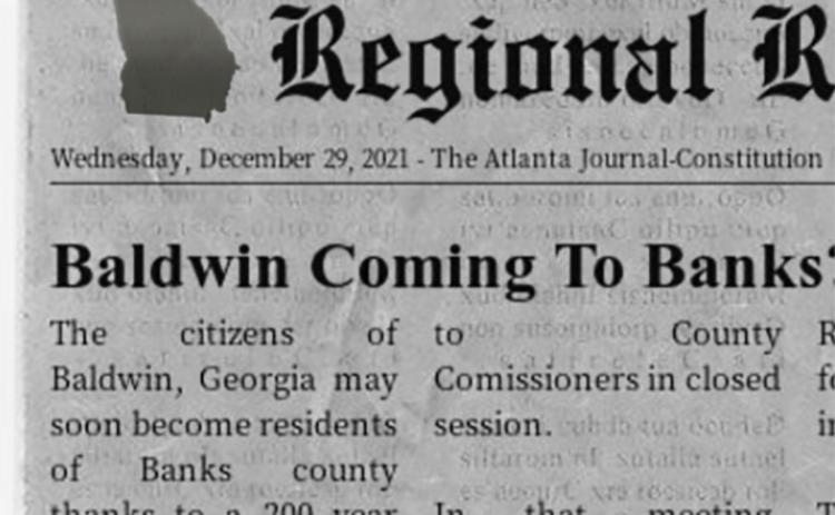 This satire of a newspaper page was meant to falsely intimate that The Atlanta Journal-Constitution wrote an article about this fake land dispute. Photo from STRAIGHT TALK HABERSHAM Facebook page
