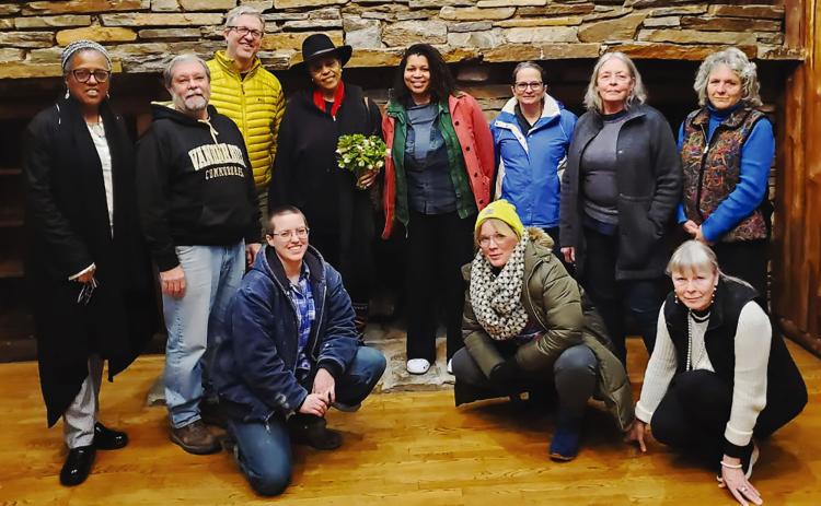 Habersham County Historical Society Executive Director Audrey Davenport, HistoriCorps volunteers Rick Brandau, Todd Cushman, HCHS guest presenter Doris Davenport, HistoriCorps volunteer Takia Gaylord, HistoriCorps volunteers Cyndi Brandau and Maggie Hayes-Cook, HCHS Treasurer Debby Satterfield, HistoriCorps Crew Leader Erin Crooks, HistoriCorps Project Supervisor Ariel Clark & HCHS Museum Docent Olga Vyrjikovskaia gathered for fellowship during their welcome at the Community House in Cornelia on Tues. night