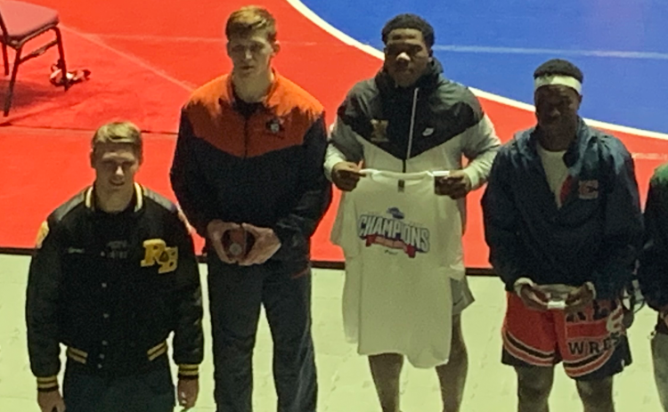 Habersham Central’s Colby Watson (second from left) takes the podium as the 6A state runner-up at 195 pounds in Macon on Friday night. BRADLEY JOHNSON/Submitted
