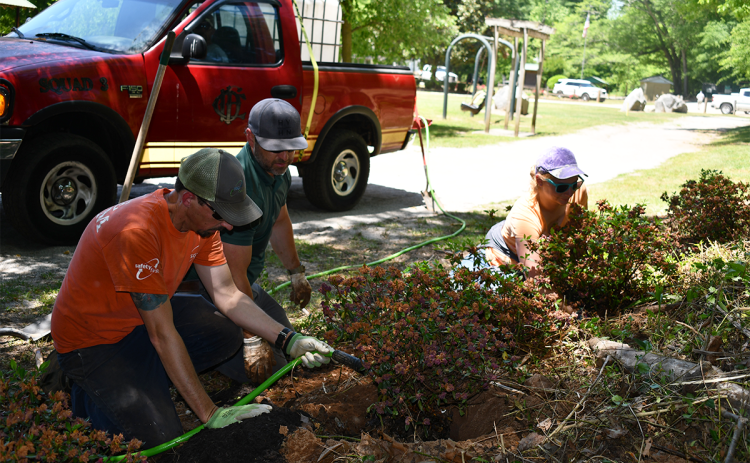 Chris Yearwood, Joe Deputy and Sarah Samsel plant rhododendrons and azaleas at Pitts Park in Clarkesville. BRIAN WELLMEIER/Staff