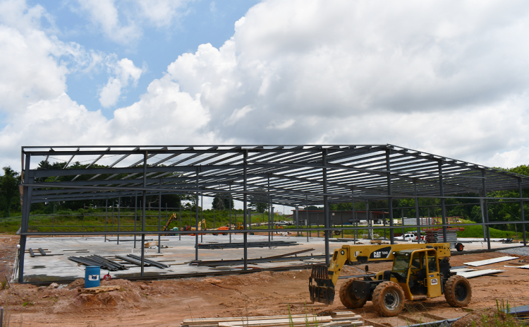 Steel frames of developer Don Higgins’ spec building have been erected on Lot 8 in the  Airport Industrial Park – a potential high revenue source for Baldwin in the coming years. BRIAN WELLMEIER/Staff