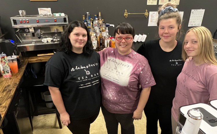 Shown from left are Nylah McDonald, owner Dana Pardue, Gracie Johnson, and Savana Miller of Alabaster’s Tea. AMARIS E. RODRIGUEZ/Staff