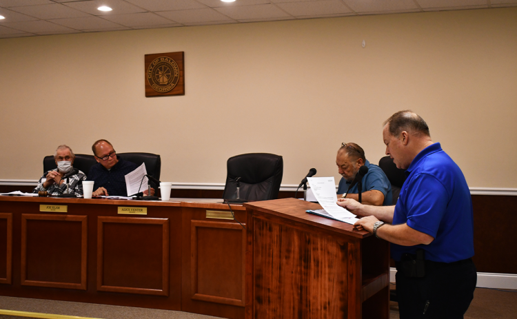 Baldwin Police Chief Jeff Branyon addresses council for what’s likely to be one of the final times before his departure Aug. 31. BRIAN WELLMEIER/ Staff
