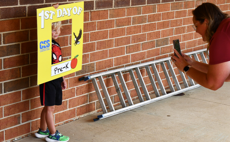 Weston Carroll gets ready to start his school journey Wednesday from the very beginning at Clarkesville Elementary. The first day of school is today. MATTHEW OSBORNE/Staff