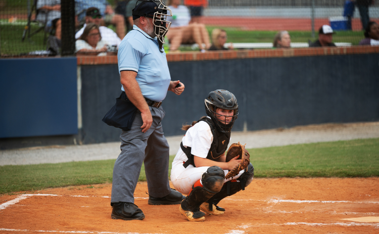 Lady Raiders catcher, Shelby  Rinefierd, gets signs for the next pitch. ZACH TAYLOR/Special