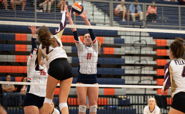 Habersham Central’s Allie Church goes up for her fourth block against Dawson County on Thursday night. ZACH TAYLOR/Special