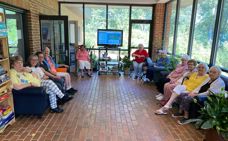 From left: Virginia Ross, Tina Pasley, Eleanor Irvin, Helen dove. In the very back you have Nidia Rodriguez, and Peggy Jackson. From the right to the left on the right hand side you have Pat Rogers, Doyce Lewis, Shirley Umberhandt, Vivan Nance, and Shirley Reppert gather to discuss plans for programs at the Habersham County Senior Center. COURTNEY UNDERWOOD/Submitted