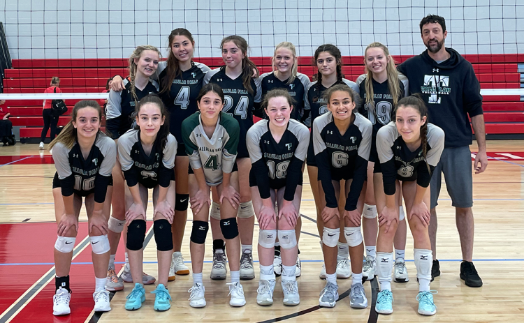 Tallulah Falls’ volleyball team celebrated its Silver Bracket title from a tournament in Gainesville over the weekend. Front row are (from left) Kitty Rodenas, Elsa Sanchez, Rebecca Heyl, Sarah Jennings, Julianne Shirley and Sofia Rueda. Back row are (from left) Ashlyn Yaskiewicz, Katarina Foskey, Addy McCoy, Claire Kelly, Chloe Kahwach, Skylyn Yaskiewicz and coach Matt Heyl. TFS ATHLETICS/Submitted