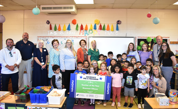 Georgia Pre-K Teacher of the Year recipient Shannon Gibson was surprised by family and colleagues on Friday morning and celebrated her win with her students. AMARIS E. RODRIGUEZ/Staff