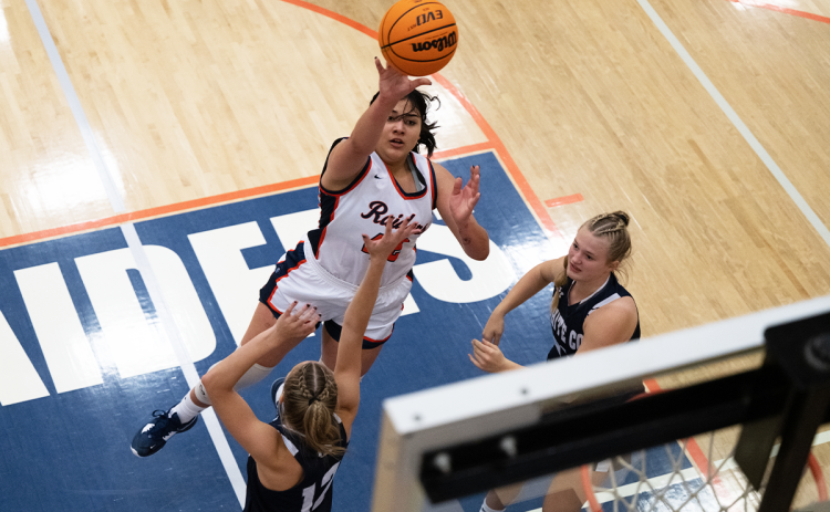 Habersham Central’s Gabby Santiago goes hard to the rack to score the first two points for Habersham in their matchup against White County Friday night. ZACH TAYLOR/Special