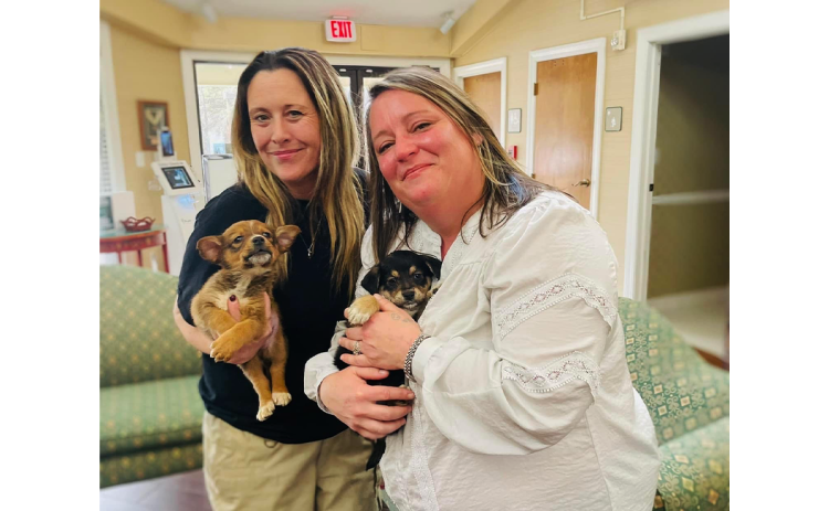 Madi Nix (left) and Baldwin Mayor Alice Venter (right) brought cards signed by puppies on Valentine’s Day to The Oaks at Scenic View Assisted Living. MADI NIX/Submitted