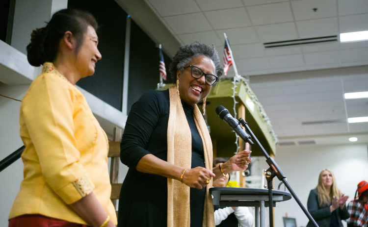Habersham County Historical Society Executive Director Audrey Davenport laughs during her opening speech at the 50th-year Celebration Gala on Saturday at Piedmont University. ZACH TAYLOR/Special