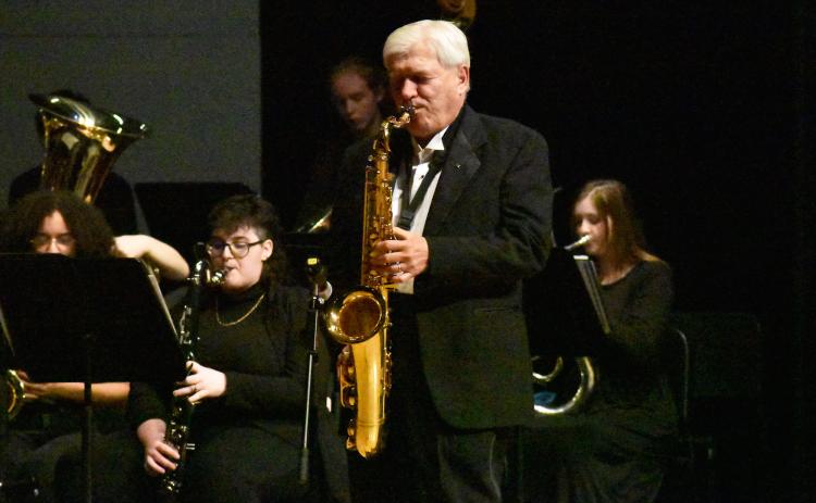 Nelson Payne busts out a solo at the ceremony naming the Habersham Central band room after him in 2021. Payne is this year’s special honoree for the 2023 Habersham Central Football Ring of Honor. FILE