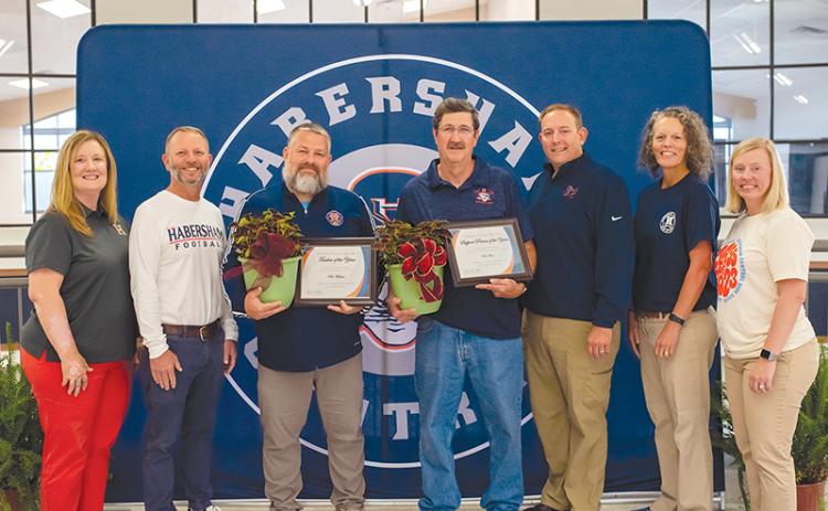 From left, Mrs. Alice Brewer, Mr. Donnie Bennett, HCHS Teacher of the Year Coach Ric Wallace, HCHS Support Person of the Year Mr. Rick Mason, Dr. Jonathan Stribling, Dr. Amy Hood and Mrs. Lindsey Shafer. JONATHAN STRIBLING/Submitted