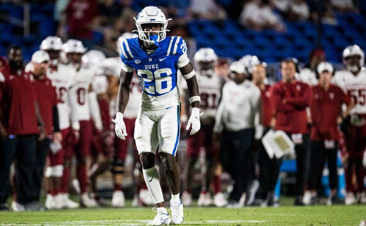 Duke’s Joshua Pickett eyes the quarterback before the start of a play during his sophomore season. Pickett set records for the Habersham Central Raiders, then moved up to starter on defense for the Blue Devils. DUKE ATHLETICS/Courtesy