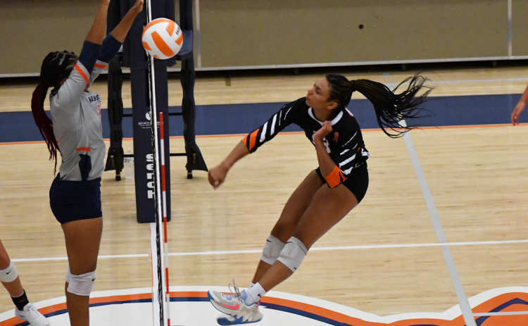 Habersham Central’s Da’riyah Bell (left) stuffs Hart County’s Alexis Walker at the net during a recent home match. LANG STOREY/Staff
